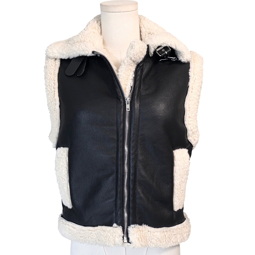 Cali 1850 Moto Vest‎ Womens XS Black Faux Leather Shearling Trim  Excellent